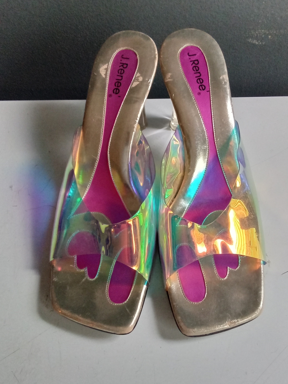 J. Renee Iridescent PVC Clear Lucite Heel Slide Sandals Silver Magenta Toe